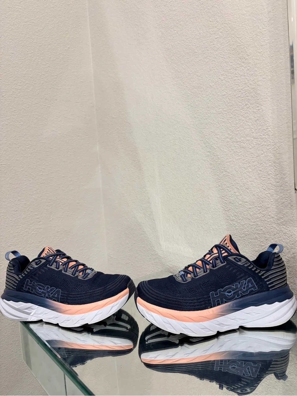 Hoka Bondi 6 Navy and Peach Women's Athletic Running Shoes